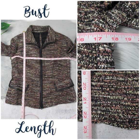 LAFAYETTE 148 NY Brown Tweed Zip Front Evening Jacket Faux Leather Trim Size 4 - Picture 11 of 12